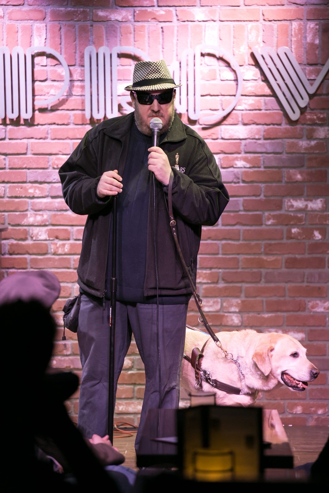 Brian Fischler performing on stage at the Hollywood Improv, lit against an exposed brick wall with the club's white neon sign behind him. He wears a black and white houndstooth fedora, dark sunglasses, and a black jacket embroidered with an Oscars statuette over a navy sweater. One hand holds the microphone, the other rests on the stand, and a folded white cane leans against it. Nash, his yellow Labrador guide dog, lies in harness beside him with his tongue out. The silhouettes of the audience fill the foreground.