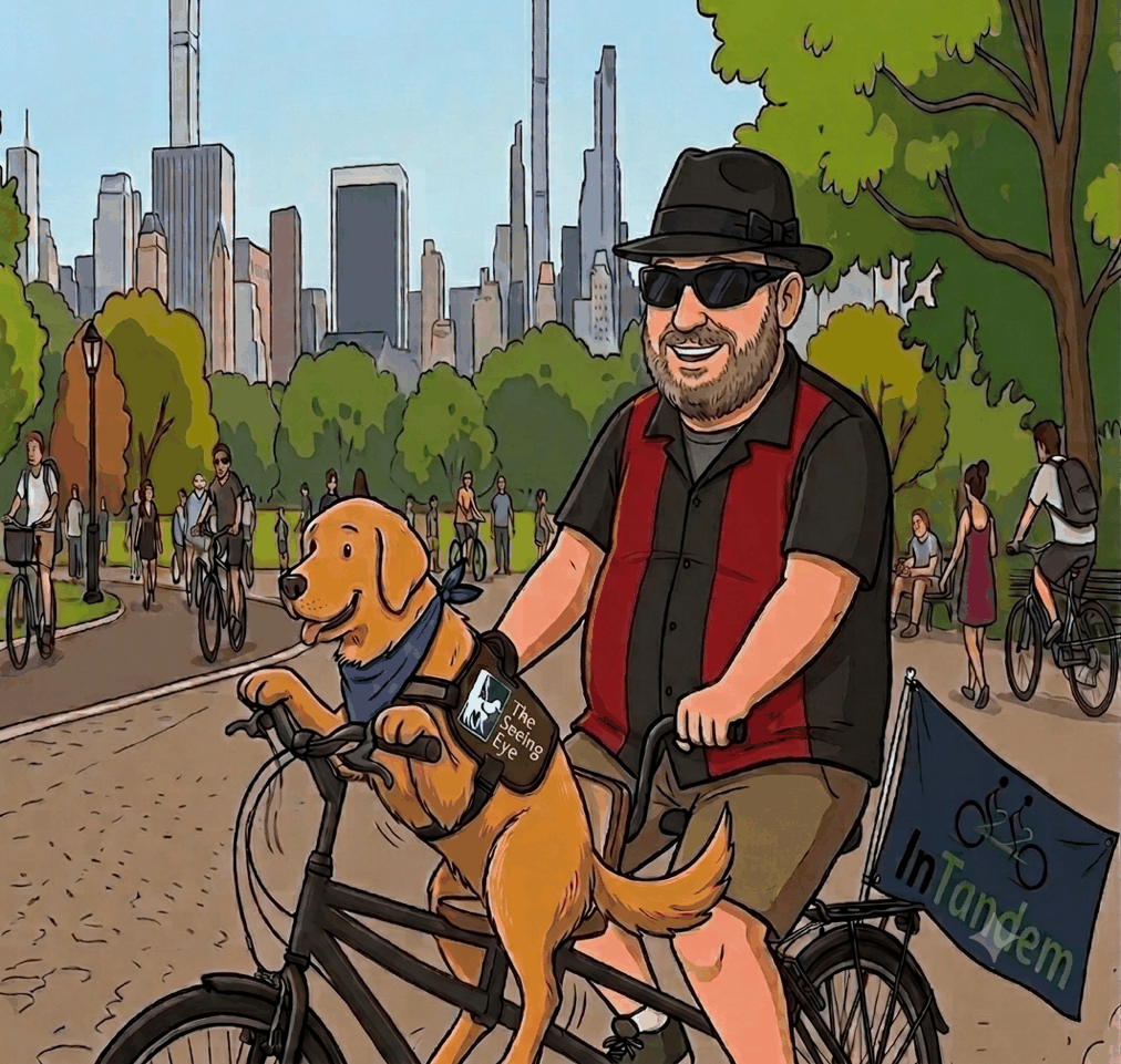 Illustration of Brian Fischler riding a bicycle on a Central Park path with the Manhattan skyline behind him. His golden-coated guide dog rides on the front of the bike, wearing a blue bandana and a harness marked with The Seeing Eye logo. A flag mounted on the back of the bike reads InTandem.